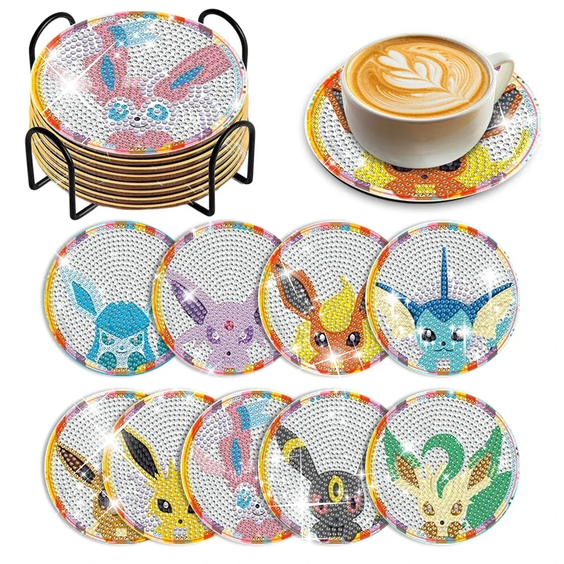 8Pcs Pokemon Diamond Painting Coasters DIY Cartoon Diamond Art Mosaic Drink Cup Pad Table Placemat with Holder Craft Decor Gift