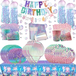 Little Mermaid Party Supplies Mermaid Disposable Tableware Cup Plates Tablecloth Mermaid Birthday Decorations Girls Baby Shower