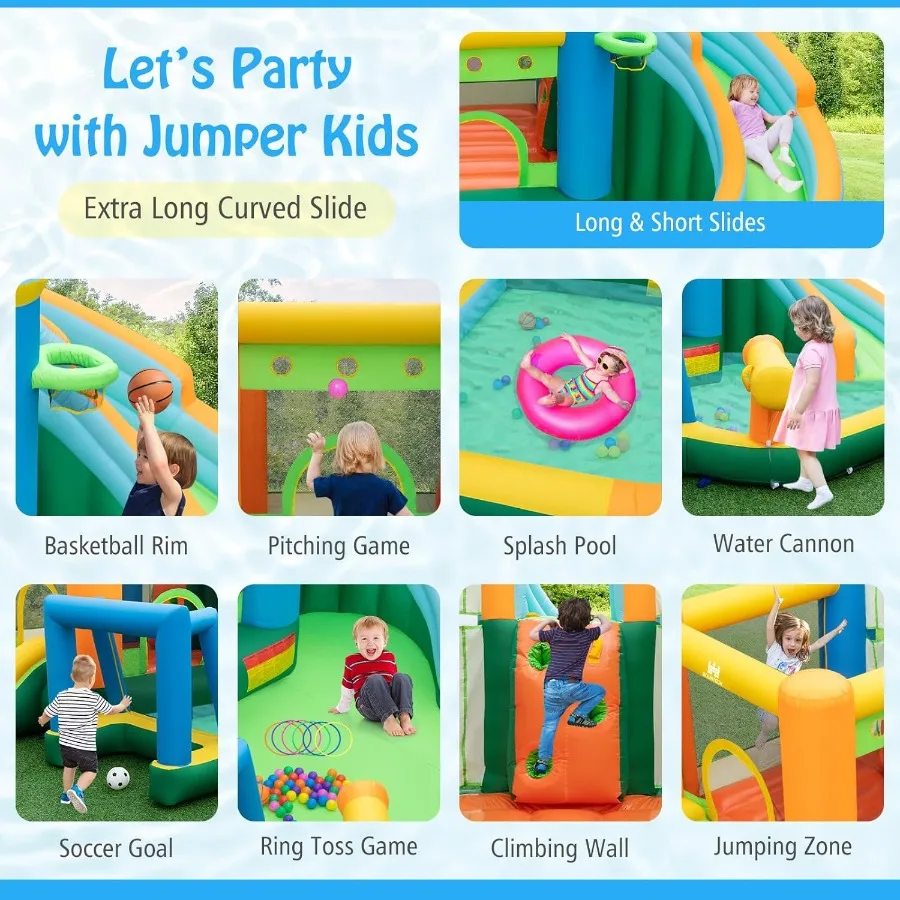 منزلق مائي قابل للنفخ من BOUNTECH 9 في 1 مع شرائح مزدوجة لبوابة كرة القدم وتسلق الجدار وقلعة نطاطة مائية داخلية وخارجية #5