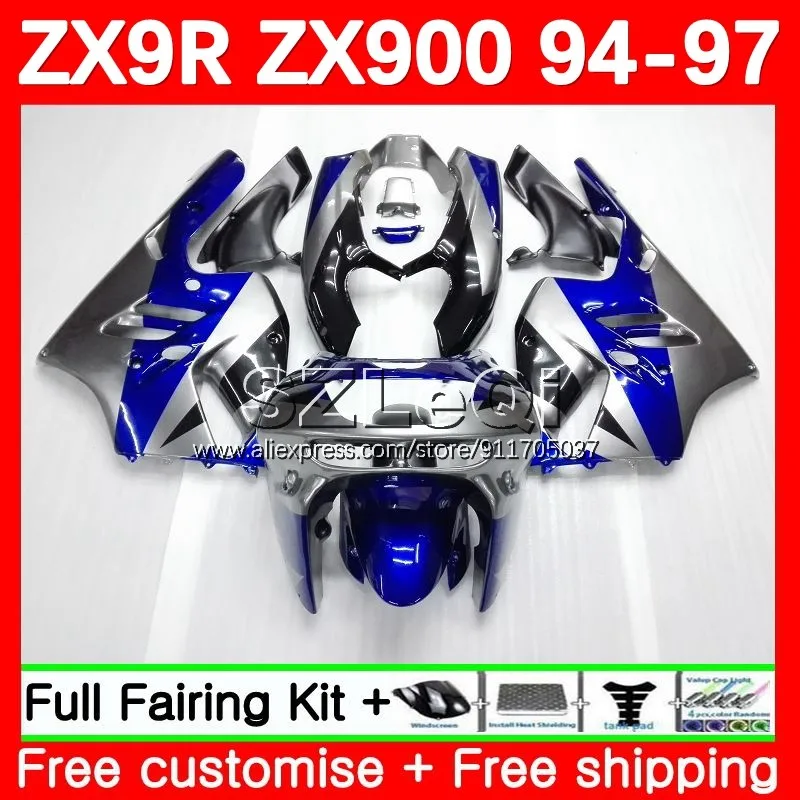 Body + Decal For KAWASAKI NINJA ZX 9R 900 CC 9 R ZX9R 94 95 96 97 Blue silver 104No.9 ZX900 ZX-9R 1994 1995 1996 1997 Fairing