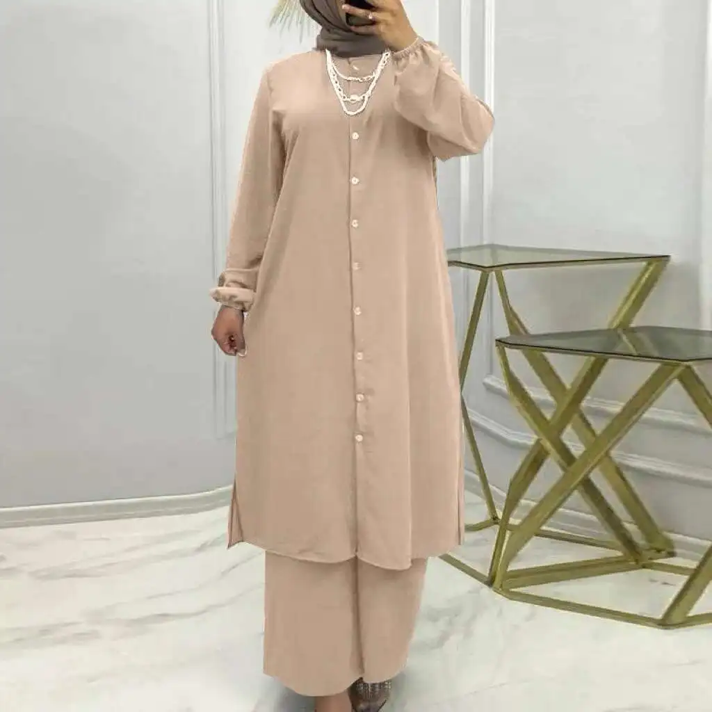 

New Muslim Solid Color Comfortable Casual Button Long Sleeved Elastic Sleeve Pants Set Abaya Ramadan Dubai Luxury Islam Elegant