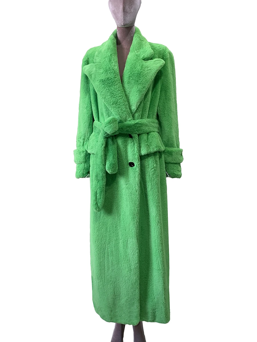 Nerazzurri Autumn Winter Oversized Extra Long Bright Green Warm Soft Faux Fur Coat Women Sashes Double Breasted Korean Fashion
