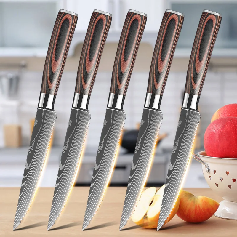 Damascus Steak Knife Set Meat Cleaver Stainless Steel Sharp Serrated Dinner Knives Beef Fruit Cutting Bread Knife Cooking Tools