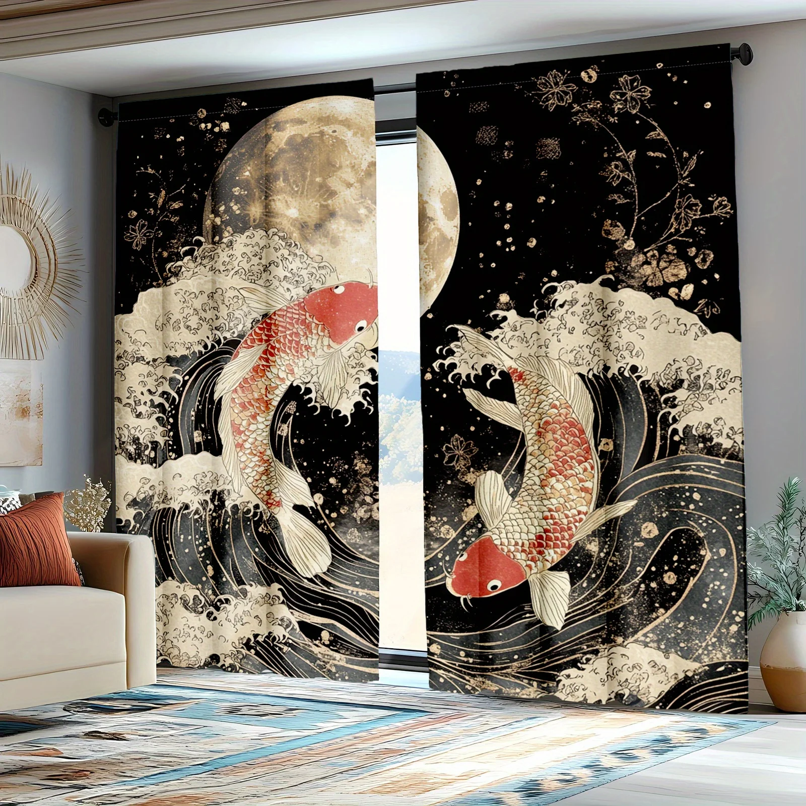 2pc Yin-Yang wave and cherry blossom pattern curtains, polyester fabric, machine washable, suitable for living room or bedroom