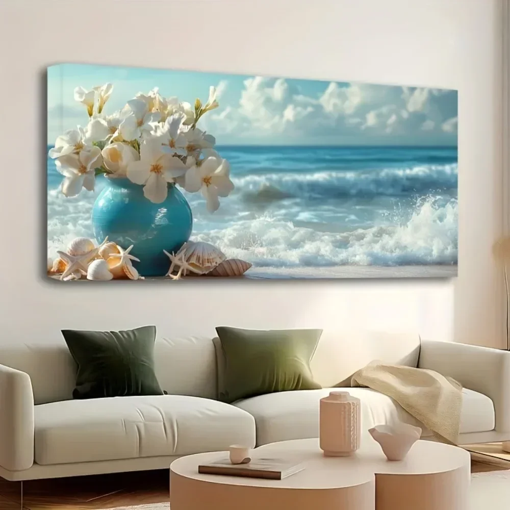 

1.5 "thick pine solid wood frame - solemn beach and Marine floral canvas wall art, suitable for interior decoration