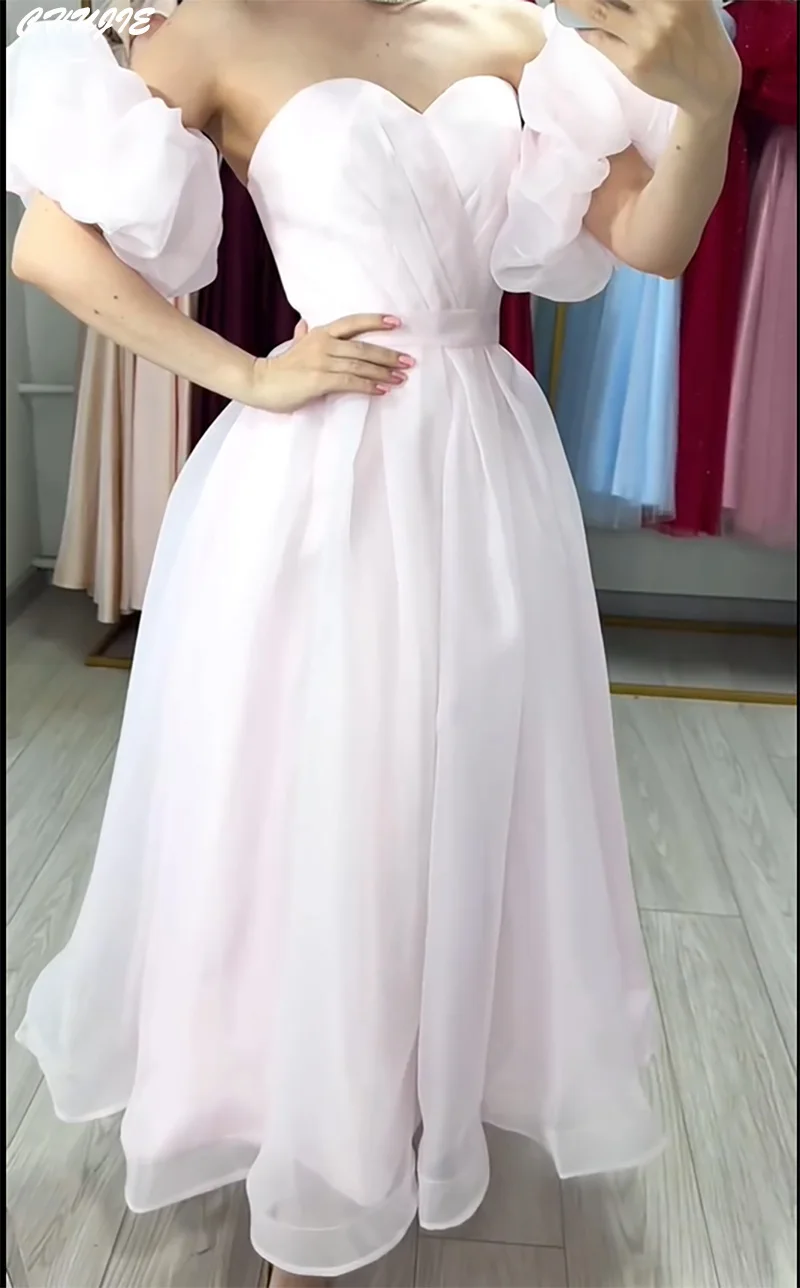 Tule mangas curtas vestido de baile querida vestidos de noite personalizado uma linha chá comprimento plissado vestidos de festa de aniversário robe soirée