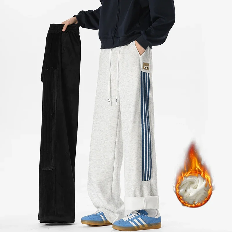 

Зимние толстые теплые спортивные штаны, мужские модные прямые свободные спортивные штаны с флисовой подкладкой и шнурком, мужские повседневные флисовые термоштаны