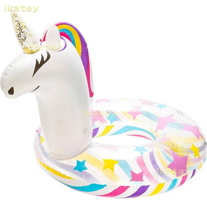 Inflatable Unicorn Pool Float Swimming Ring with Glitter Inflation Swimming Floaties Transparent Summer Beach Party Decoration