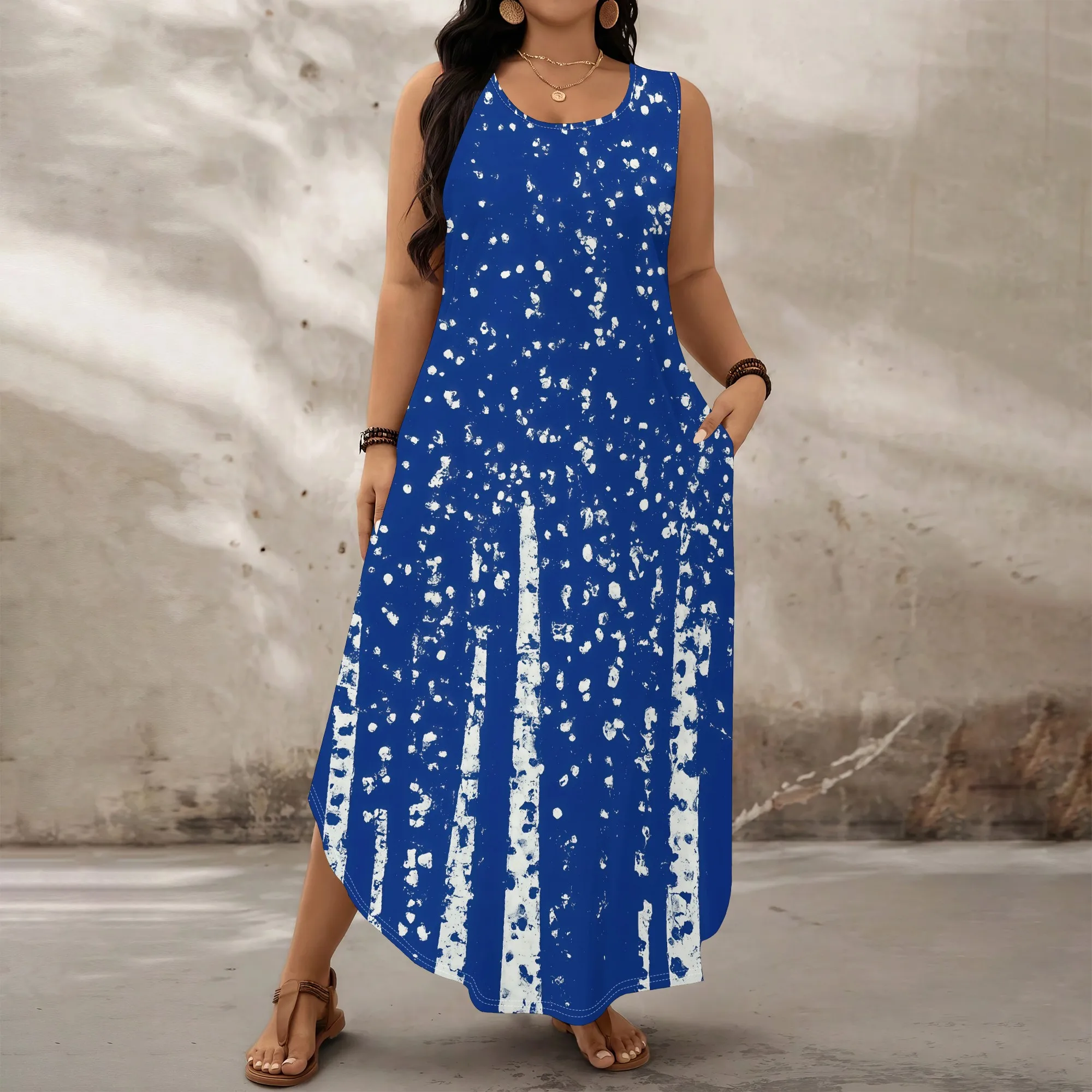 

Plus Size Abstract Print Women's Summer Sleeveless Maxi Dress with Pockets Loose Fit Sharkbite Hem for Vacation XL-6XL