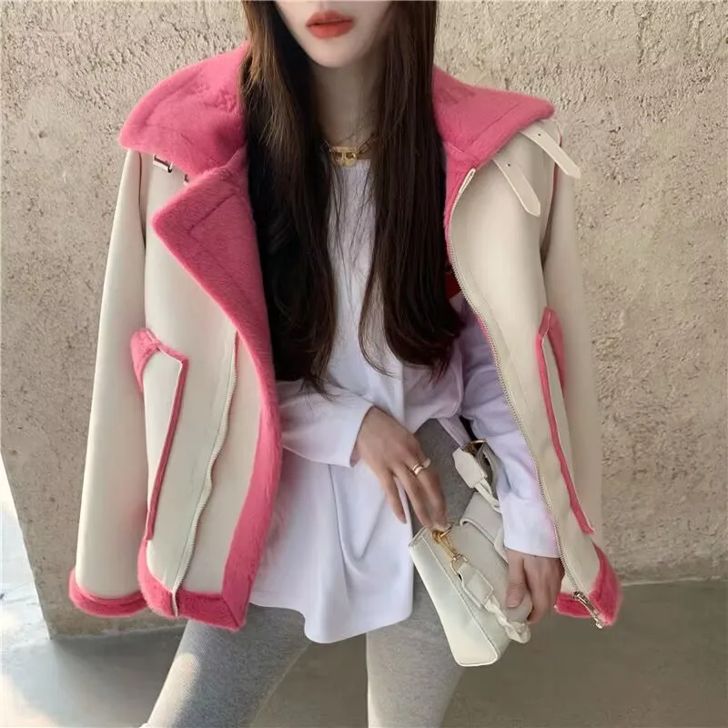 Women Fashion Thick Warm Faux Leather blue Shearling Jacket Coat Vintage Long Sleeve Flap Pocket Female Outerwear Chic Tops