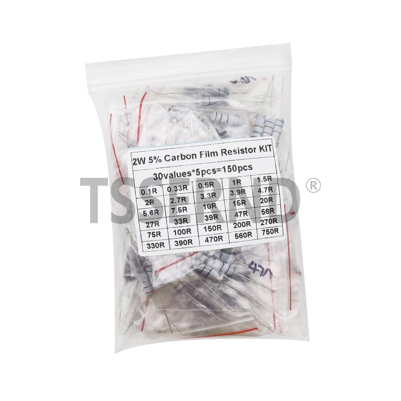 150PCS 300PCS 1W 2W 3W 5W Carbon Film Resistor Assortment Kit 5% Resistance Set 30Kinds 0.1-750 ohm 1K-820K DIY components