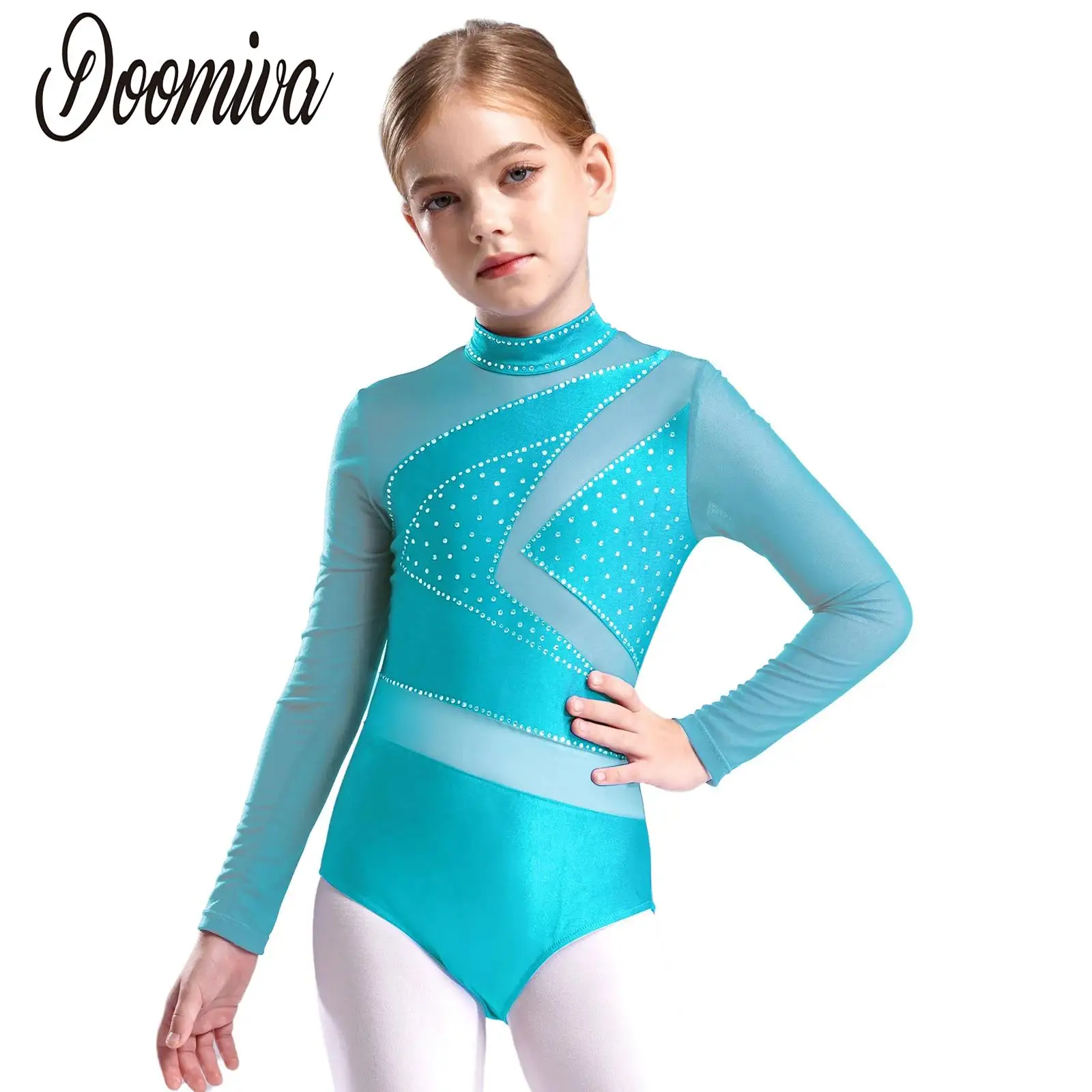 

Girls Gymnastics Leotards Figure Skating Dance Costumes Bodysuit Sheer Mesh Long Sleeve Patchwork Cutout Back Dancer Jumpsuits