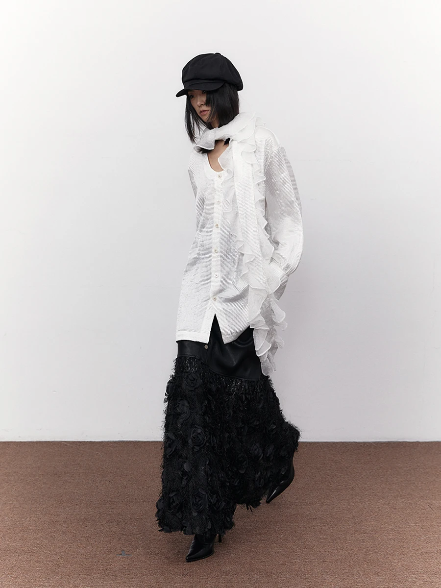 

Оригинальный дизайн SENSELF белый плиссированный глубокий U Ne асимметричный шарф с рюшами Sve irt осень-зима свободный крой женский irt