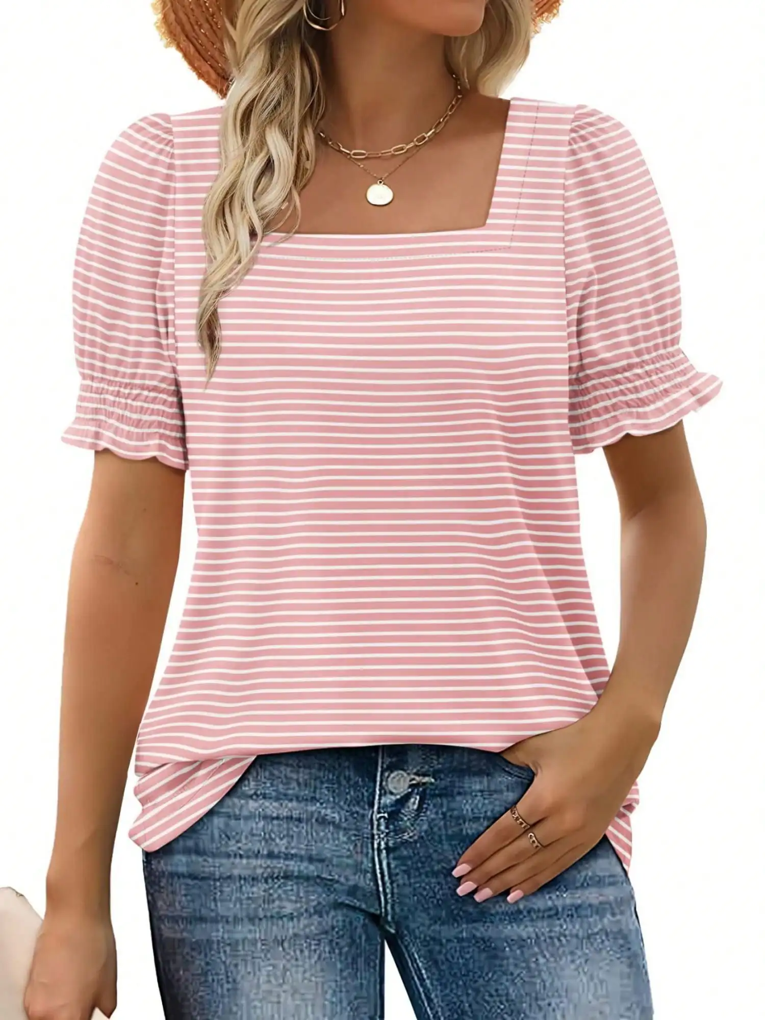 

Women's Pink and White Striped Square Neck Blouse with Ruffled Short Sleeves