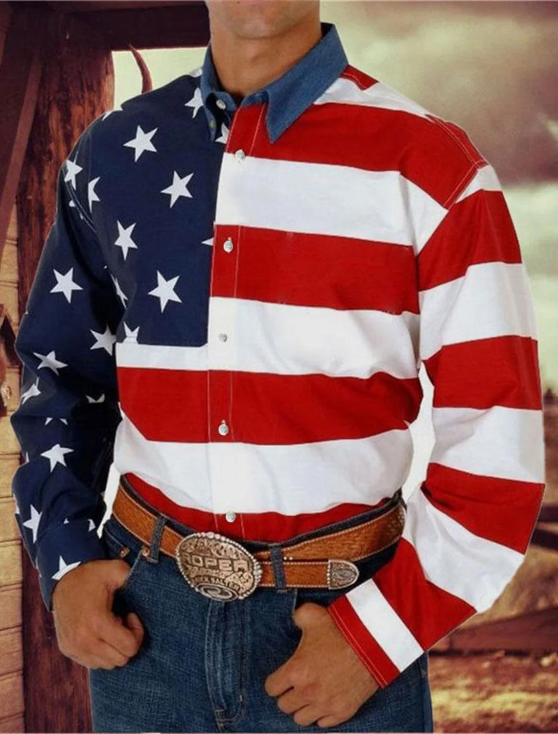 Flag Pattern Men's Retro Color Block Long Sleeve Button Up Shirt, Spring Fall, Cowboy Style Shirt
