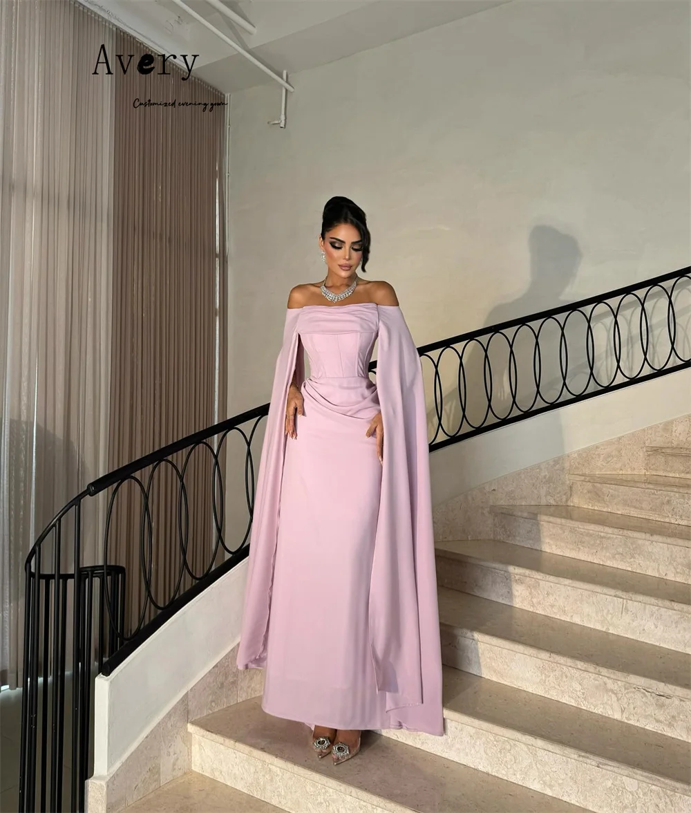 Avery op maat gemaakte off-shoulder roze fishtail enkellange luxe damesavondjurken 2025, luxe elegante feestjurk voor dames