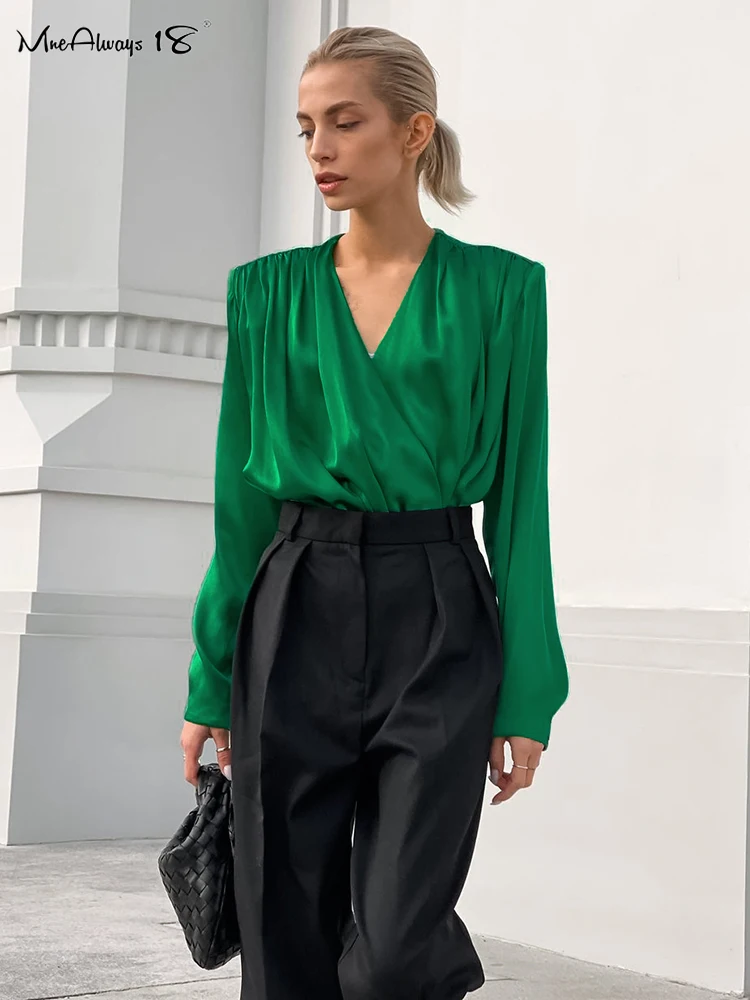 Mnealways18 Shoulder Pad Green Draped Shirts Women Long Sleeve V-Neck Elegant Satin Blouses And Tops Pleated Ladies Office 2023