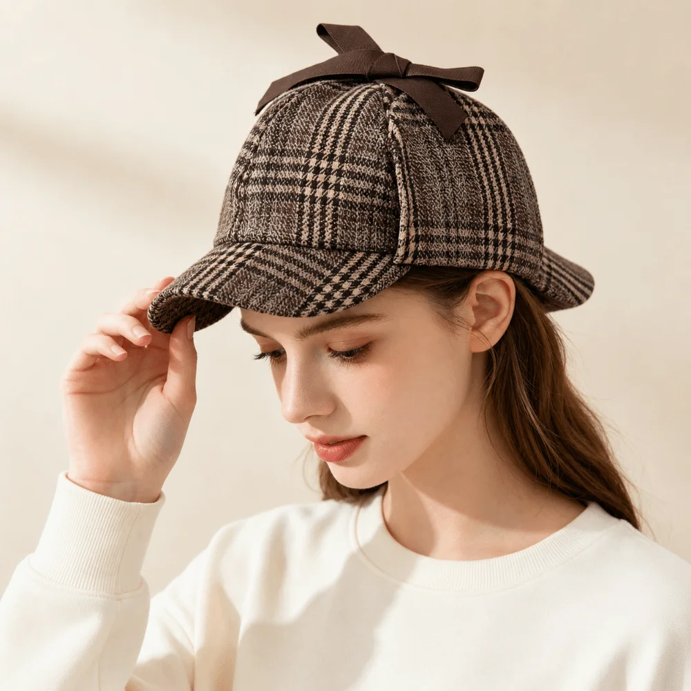 Fashion Striped Pattern Detective Cap Double-Cap Brim All Seasons Ear Protection Cap Baseball Cap Women