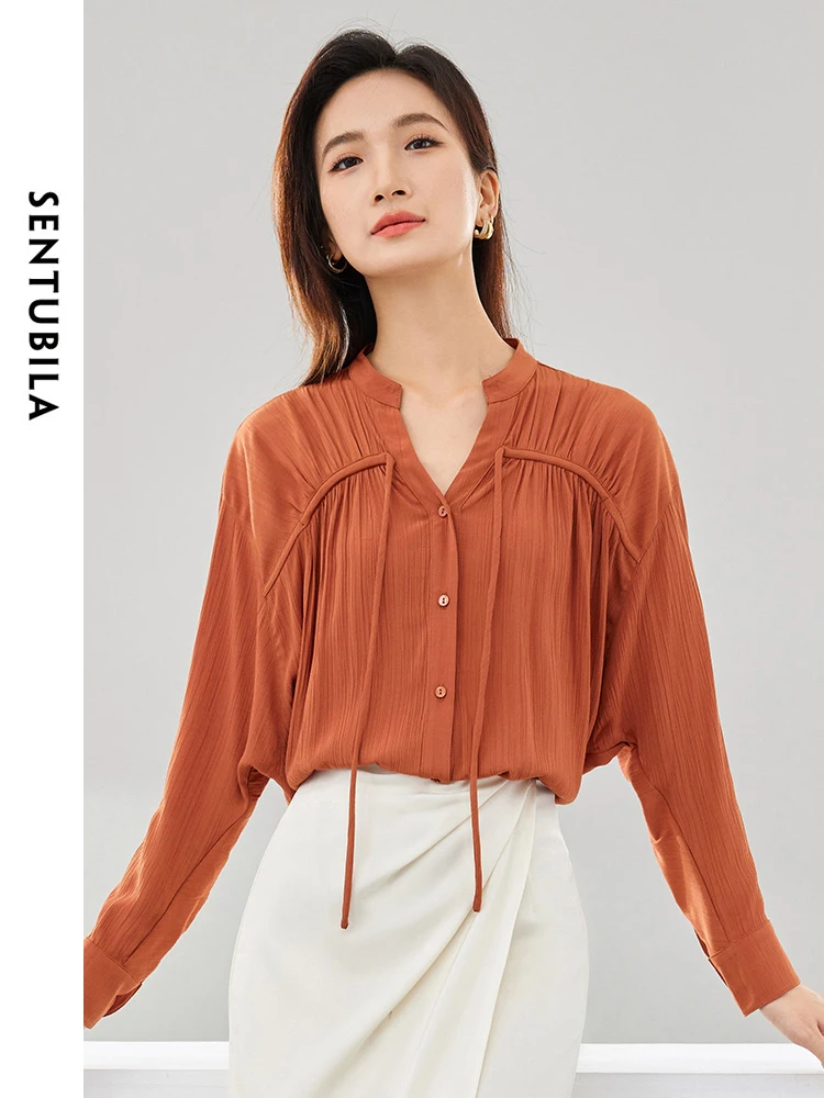 SENTUBILA Women\'s Loose Drop Long Sleeve Shirts 2024 Spring Autumn Casual Tops Female Button Up Orange Shirt Blouses 141C51340