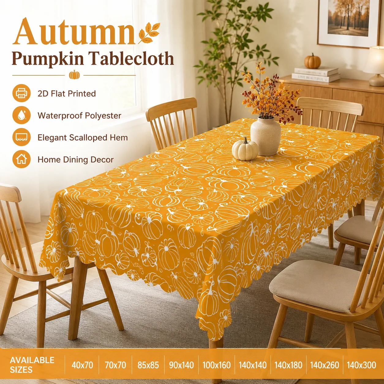 

Autumn Pumpkin Waterproof Polyester Tablecloth 2D Flat Printed Fall Harvest Table Cover For Thanksgiving Kitchen Dining Room