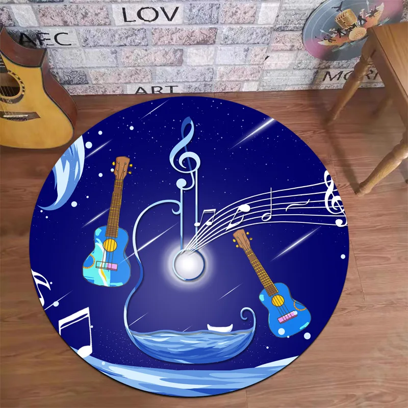 Round Rug with Microphone & Guitar Notes Print, Golden Accent Floor Mat for Living Room, Studio or Home Decor