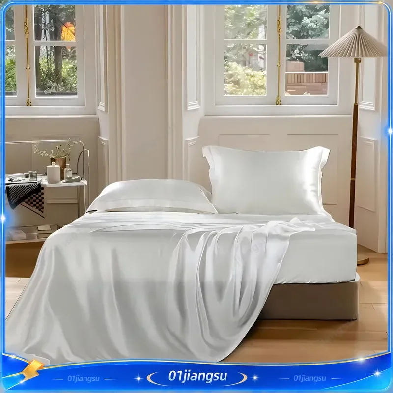 100% Mulberry Silk Fitted Sheet and Duvet Cover Set 19mm Seamless Light Champagne Silvery Custom Bedding Luxury Soft