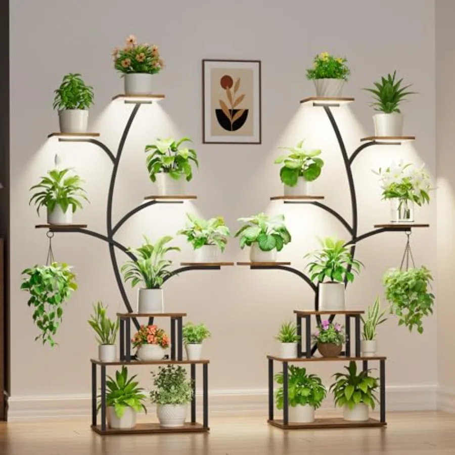 

Indoor plant stand with grow lights for living room use metal construction black color 63-inch 8-tier tall design with tree-sha