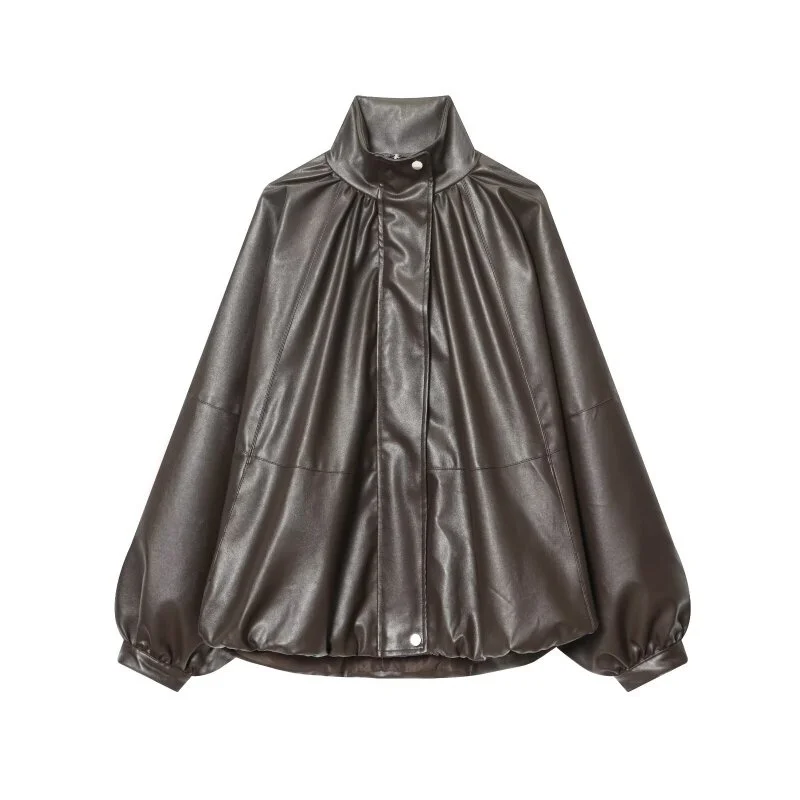 Women's Spring Casual Faux Leather Loose Jacket, batwing sleeve Design, Stylish and All-match for Daily Wear