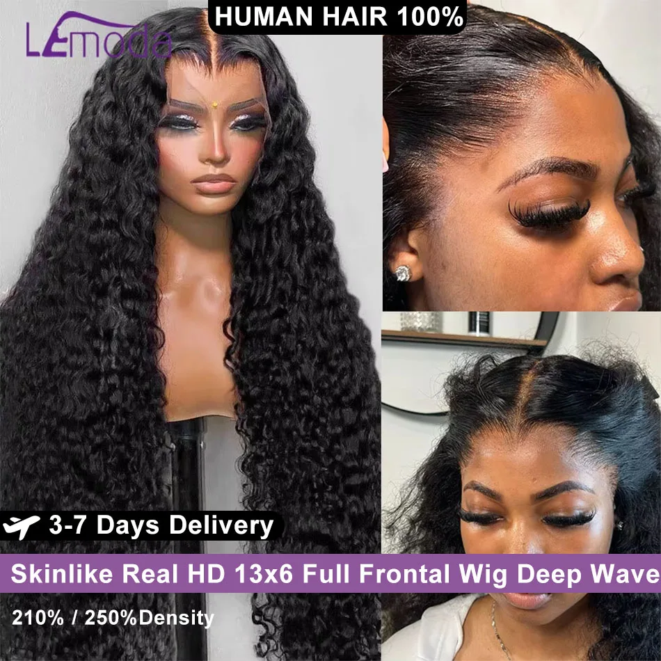 

Skinlike Real HD lace 13x6 Full Frontal Human Hair Wig Deep Wave 250% Density Medium Length 18-24inch Curly Wig 12A Virgin Hair