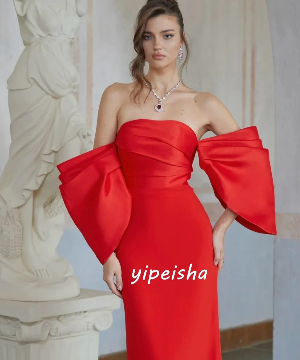 

Customized Red Fashion High Quality Jersey Pleat Ruched Straight Off-the-shoulder Floor-Length Evening Dresses For Wedding Party