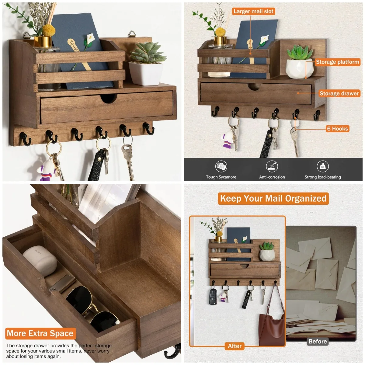 

Wall Mail Holder with 6 Hooks, Wooden Key Rack & Storage Drawer for Entryway