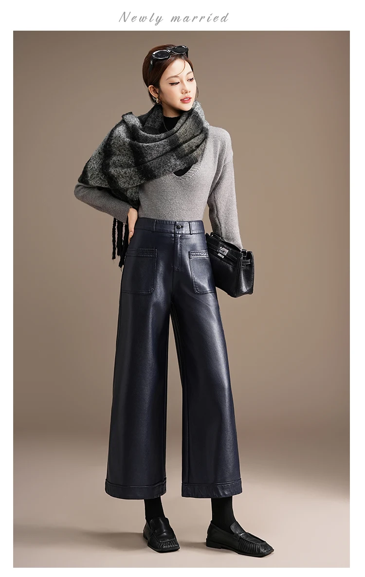 ZUZK High Quality PU Leather Capri Pants New Women 2026 Autumn Winter Chic Short PU Leather Pants Elegant LeatherTrousers