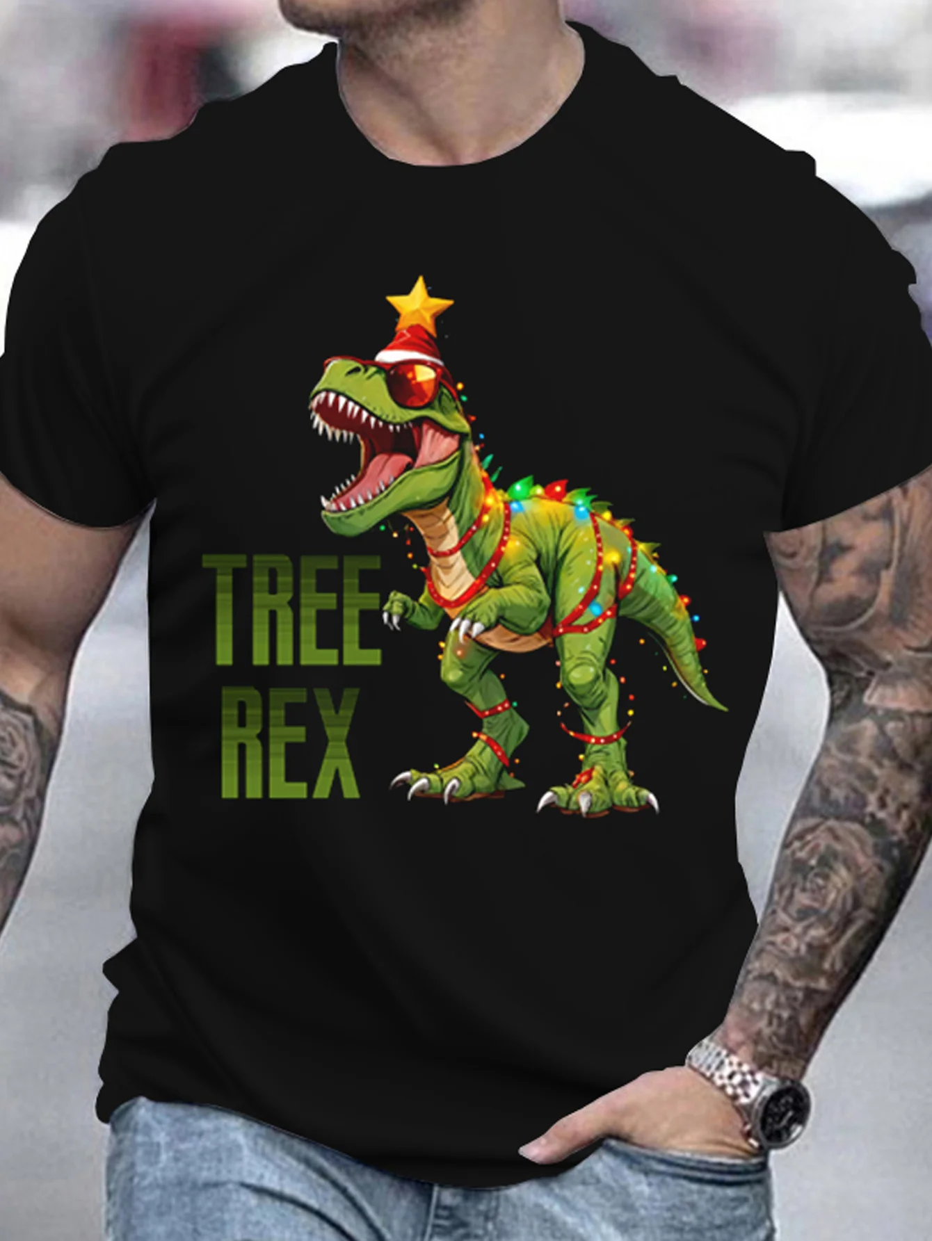 Festive Christmas Tree Rex T-rex T-Shirt 100% Cotton O-Neck Short Sleeve Summer Casual Mens T-shirt Streetwear