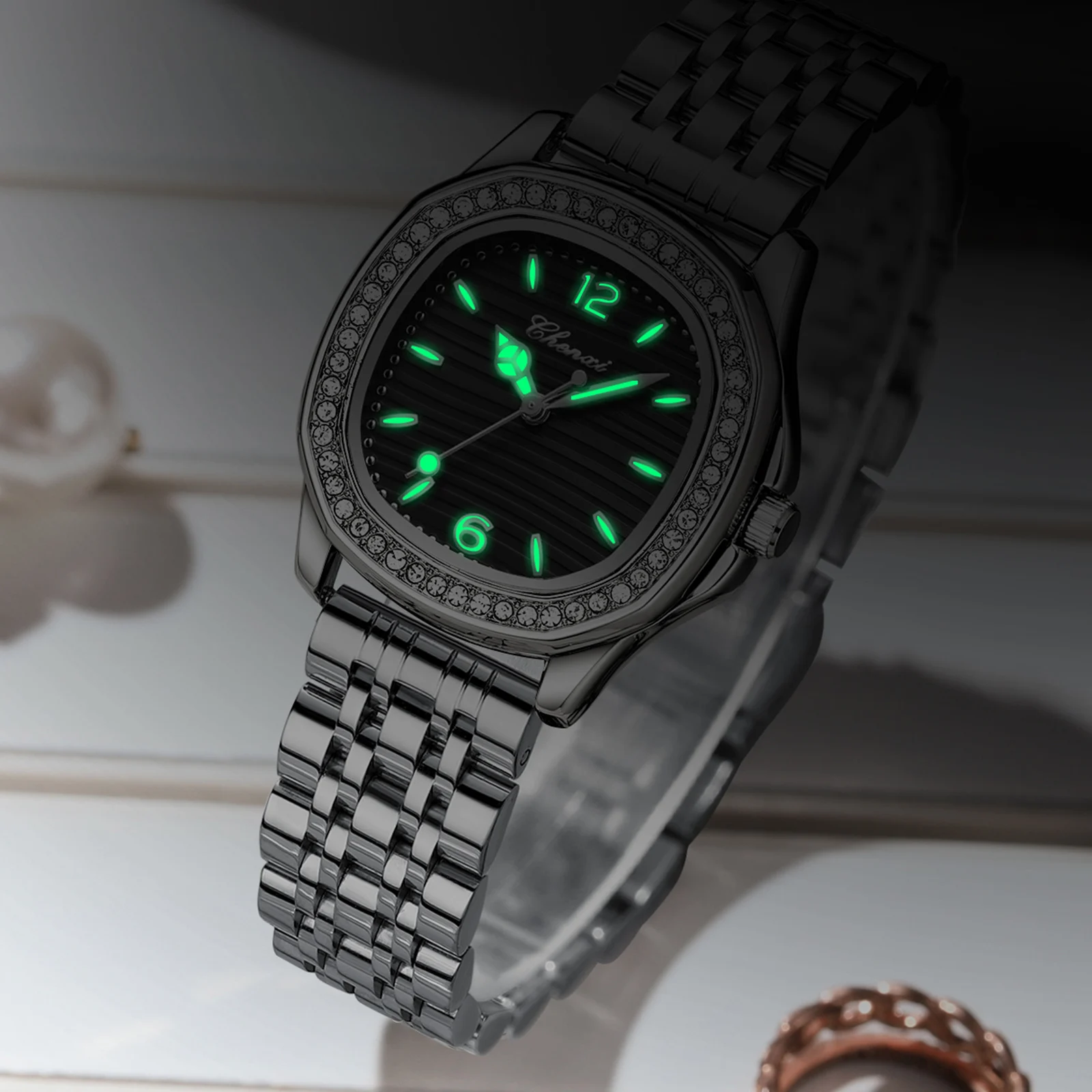 CHENXI Light Luxury Woman Watches Elegant Diamond Square Dial Ladies Business Wristwatch Waterproof Luminous Solid Steel Band
