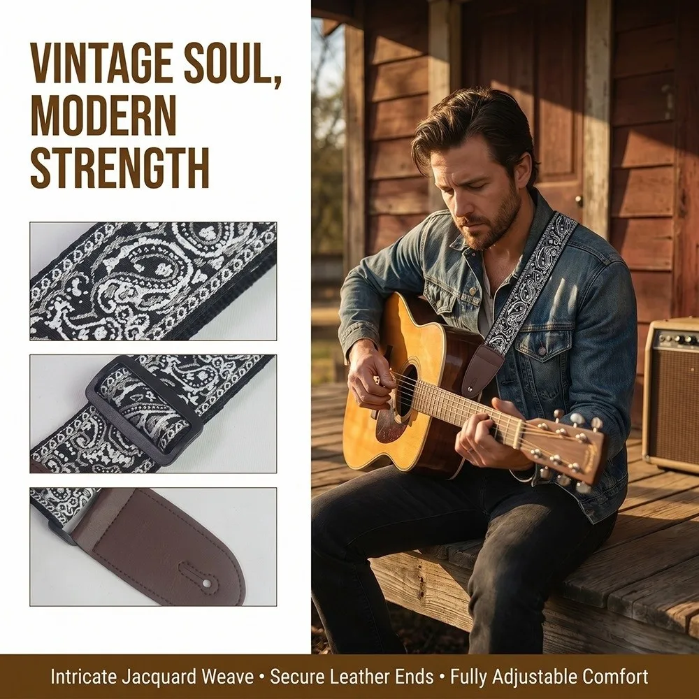 Embroidered Guitar Strap Adjustable Length Leather Cotton Leather Strap Durable Acoustic Bass Strap
