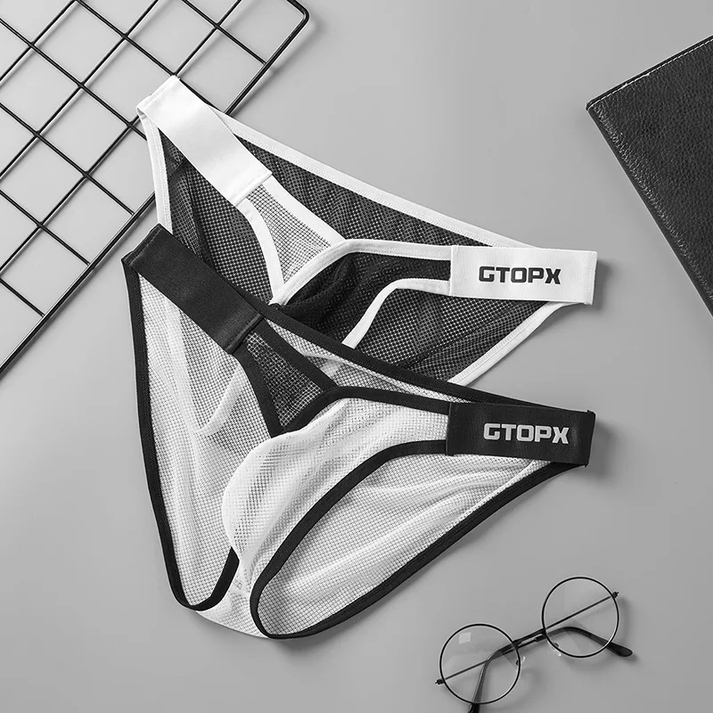 Men's Sexy Brief Underwear Gay Erotic Low-rise U Convex Pouch Panties Mesh Breathable Quick Dry Contrast Color Transparent Tanga