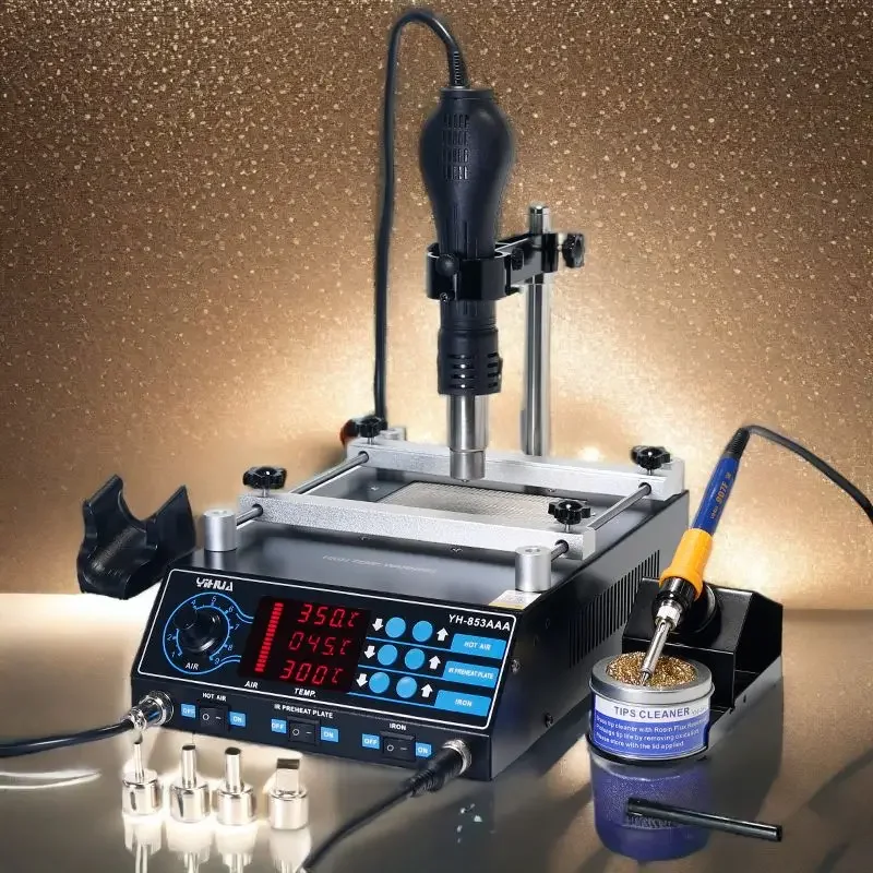 853AAA 3 In 1 LED Display BGA Rework Löten Station Heißluft Pistole PCB Vorwärmen Station Entlöten Lötkolben Werkzeuge