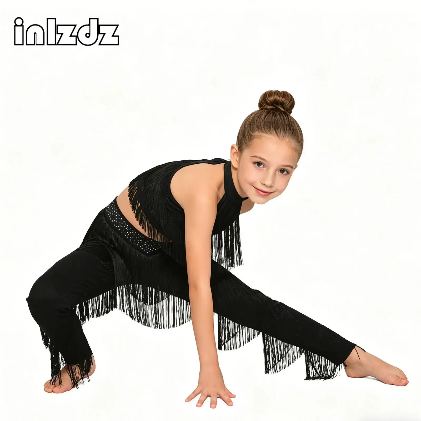 

Teen Girls Latin Dance Performance Sets Sleeveless Tassels Crop Top+Fringe Pants Set for Skating Gymnastics Salsa Jazz Dancewear