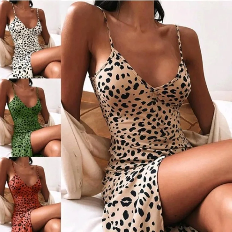 Vestido estampado com alça de espaguete feminino, saia floral, estampa de leopardo estilinguinho, vestido de verão tipo fino, moda sexy, novo, 2024