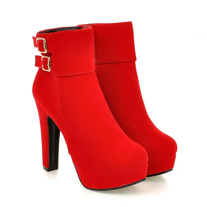 Velour Velvet Round Toe Buckle Strap Mature Ladies Pumps Bootie Red Black Zipper Up Platform Block High Heels Ankle Short Boots