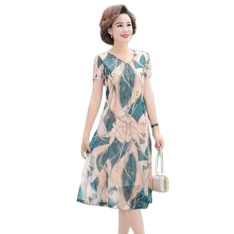 New Middle-aged And Elderly Chiffon Summer Short-sleeved Dress Color Plus Large Womens Mother Fashion Overthe-knee Skirt Female