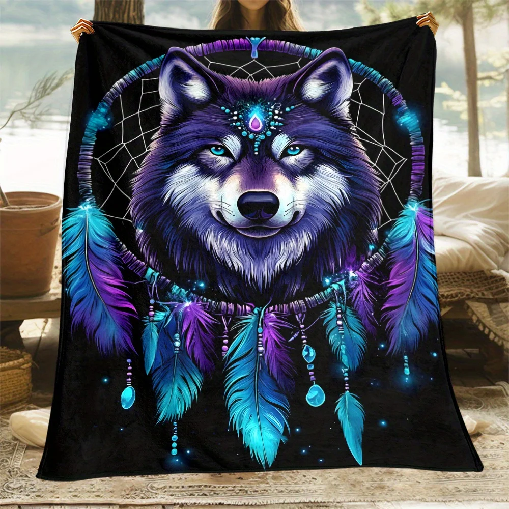 1pc Cartoon Wolf Dream Catcher Personality Print Soft Portable Blanket- Lightweight Flannel Throw for Sofa, Bed, Travel, Camping