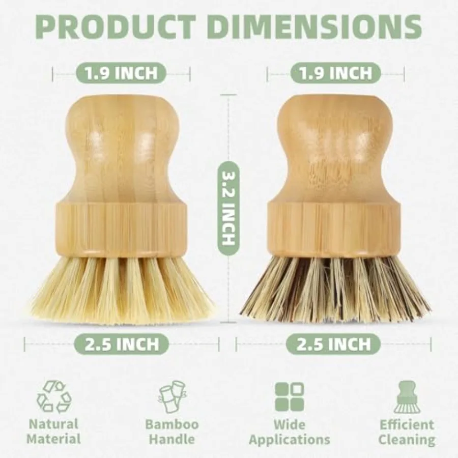 6 Pack Bamboo Dish Brush Set with Palm and Sisal Bristles Nautral Dish Scrubber for Fruit Vegetables Cleaning, Kitchen Scrub Br