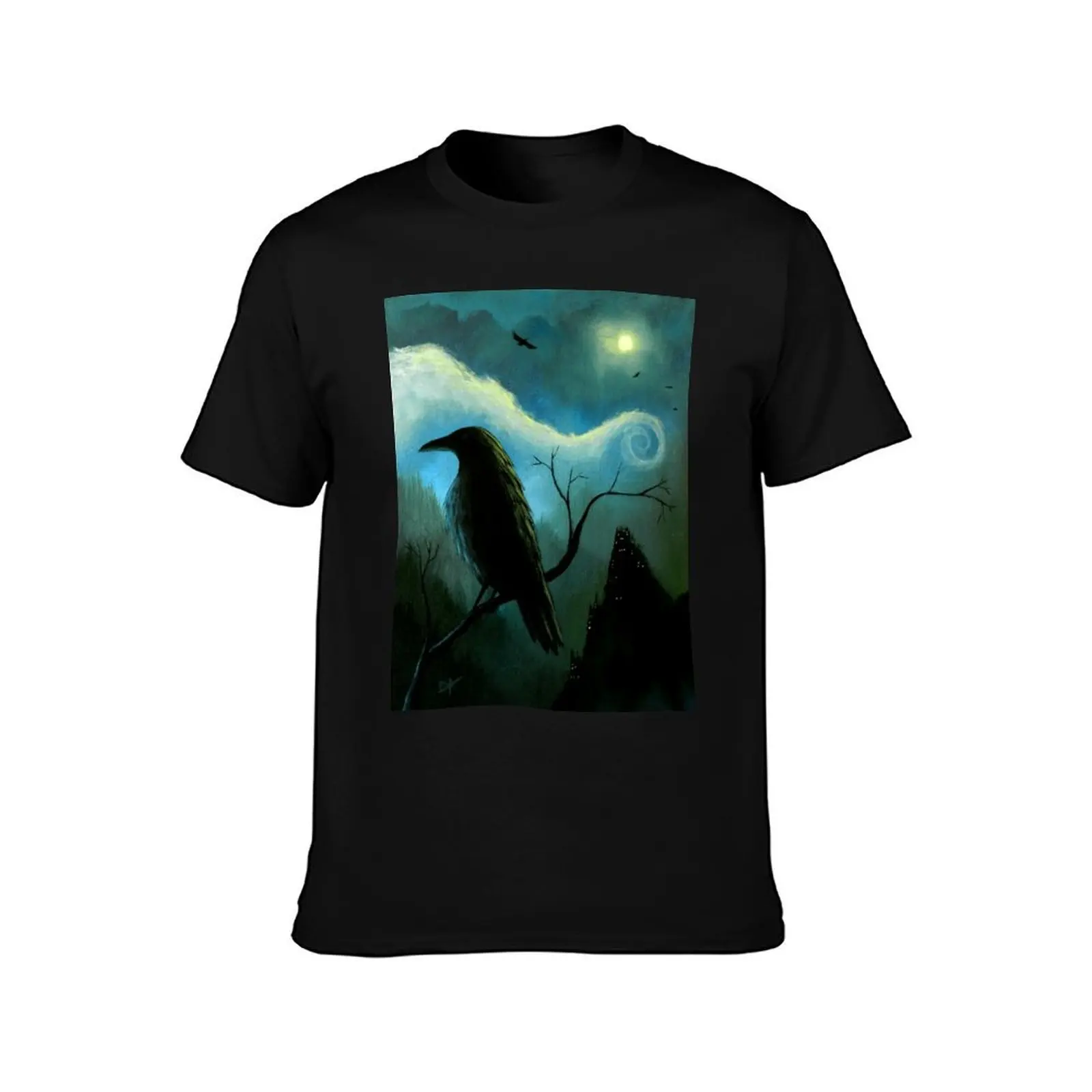 Mountain City Under the Moon - Crows/Ravens T-Shirt Water Resistant Casual T-Shirt