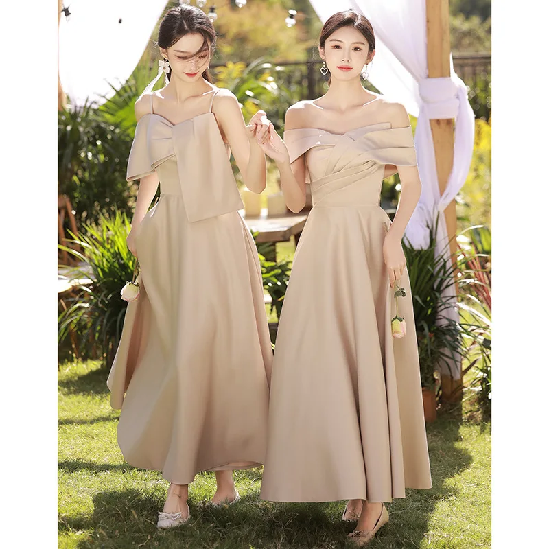 4 Styles Satin Bridesmaid Dresses Champagne Off Shoulder Wedding Sisters Group Dress Temperament  Ruffles Long Party Gown