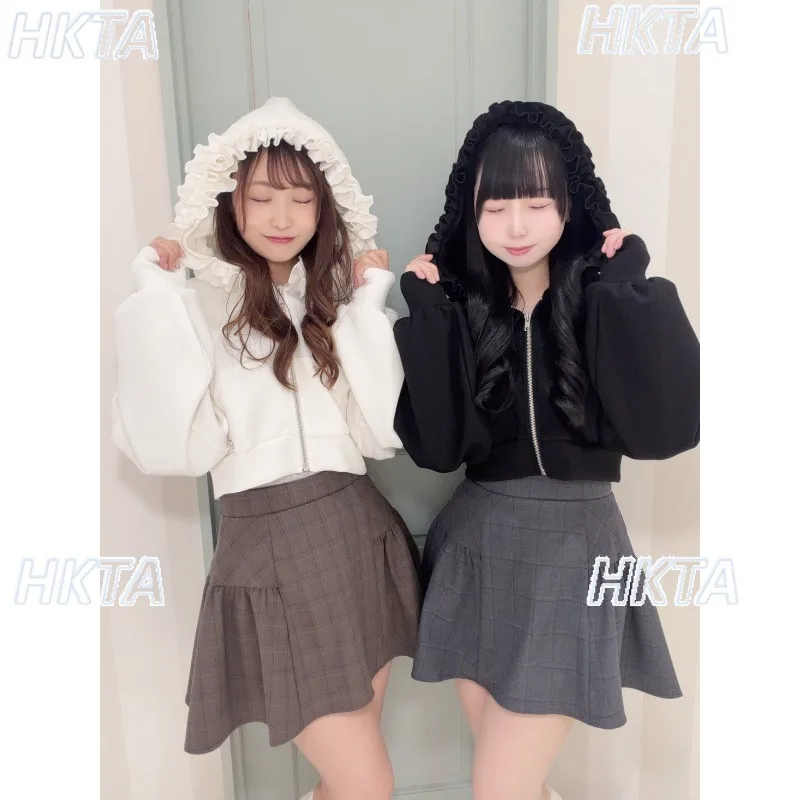 Clear Japanese Sweet Double-layer Fungus Edge Soft Hooded Coat Jacket Women Autumn New Zipper Black White Short Hoodie Cardigan
