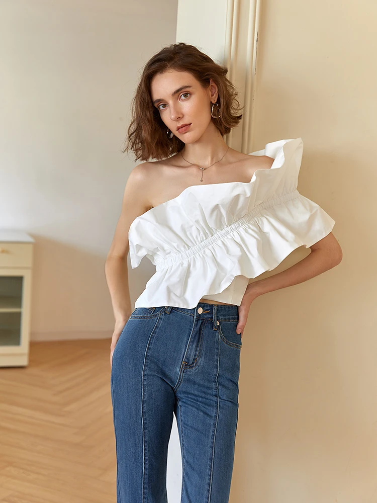 AEL Fashion Original One-Shouldered Sleeveless Tucked T-shirt Large Lotus Leaf Edge White Slim Blouse Woman