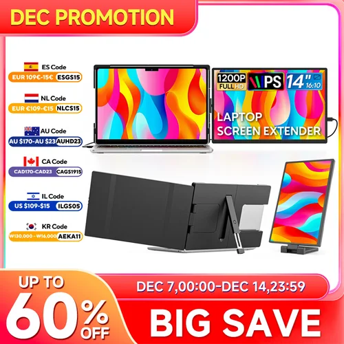 Monitores portátiles de 14 pulgadas Pantalla externa HDR 1200P para computadora portátil XBox PS4 5 Switch, segunda pantalla Compatible con computadoras portátiles 14-17,3