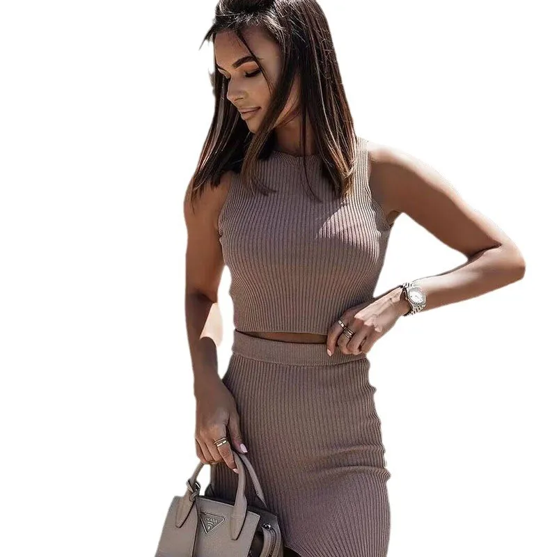 Women's Spring Sleeveless Crop Top and Long Split Bodycon Dress Set – Elegant Sexy 2-Piece Solid Color Matching Women’s Outfit