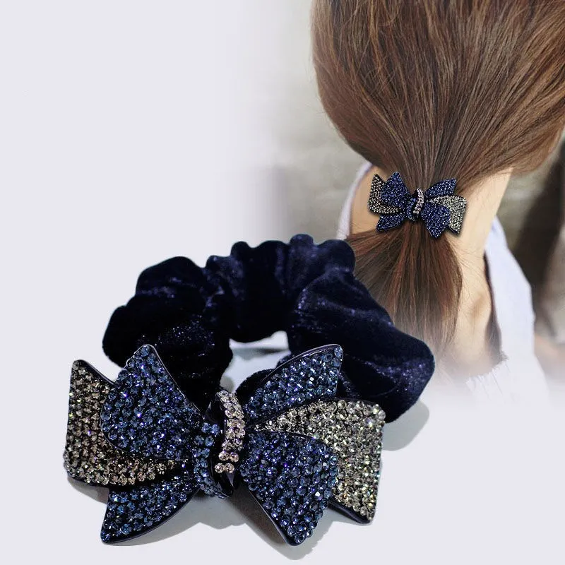 Woman Rhinestone Colored Flower Velvet Elastic Hair Tie Bands , Woman Velour Headwear Scrunches